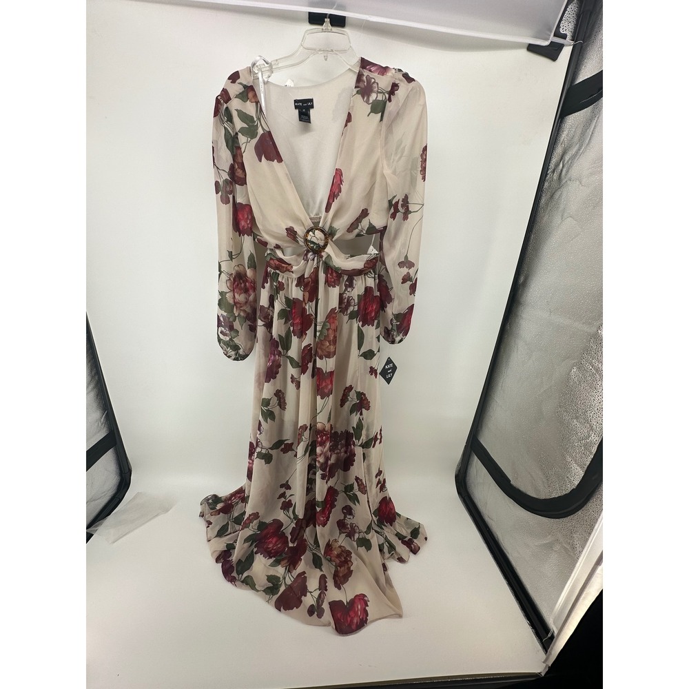 Kate and Lily Floral Chiffon Cutout Maxi Dress Burgundy Cream Size 12 NWT